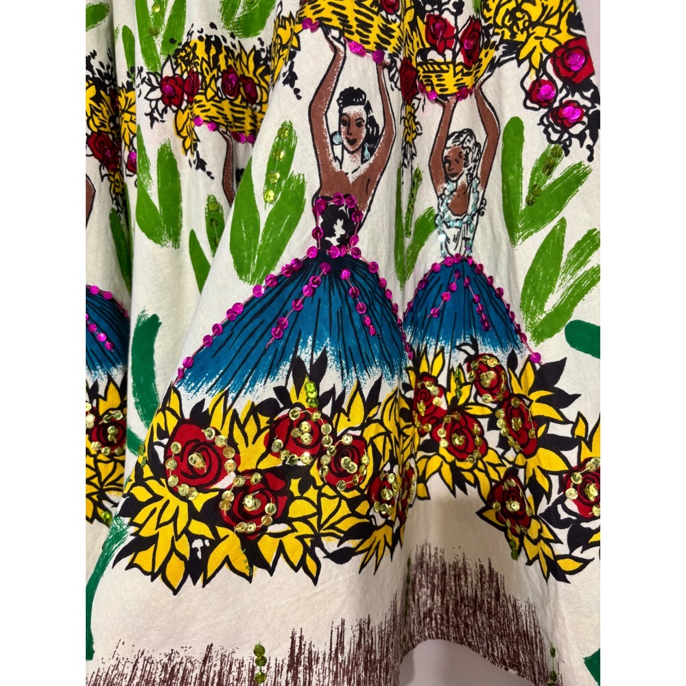 Persaman New York Novelty Print Sequin Cotton Midi Skirt White Teal Floral Sz 4 - Picture 3 of 6